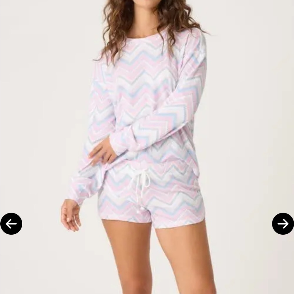 PJ Salvage Mountain Bound Cozy White Pink Blue Chevron Shorts Pajama Set Size XL